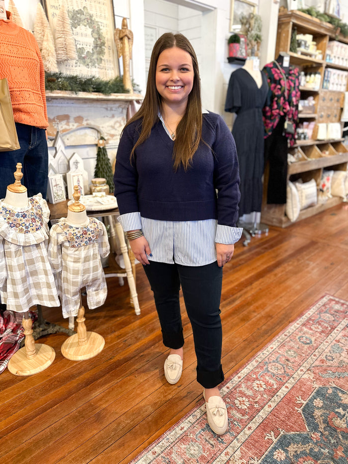 2 in 1 sweater top navy sweater with navy blue and white stripe shirt underneath 