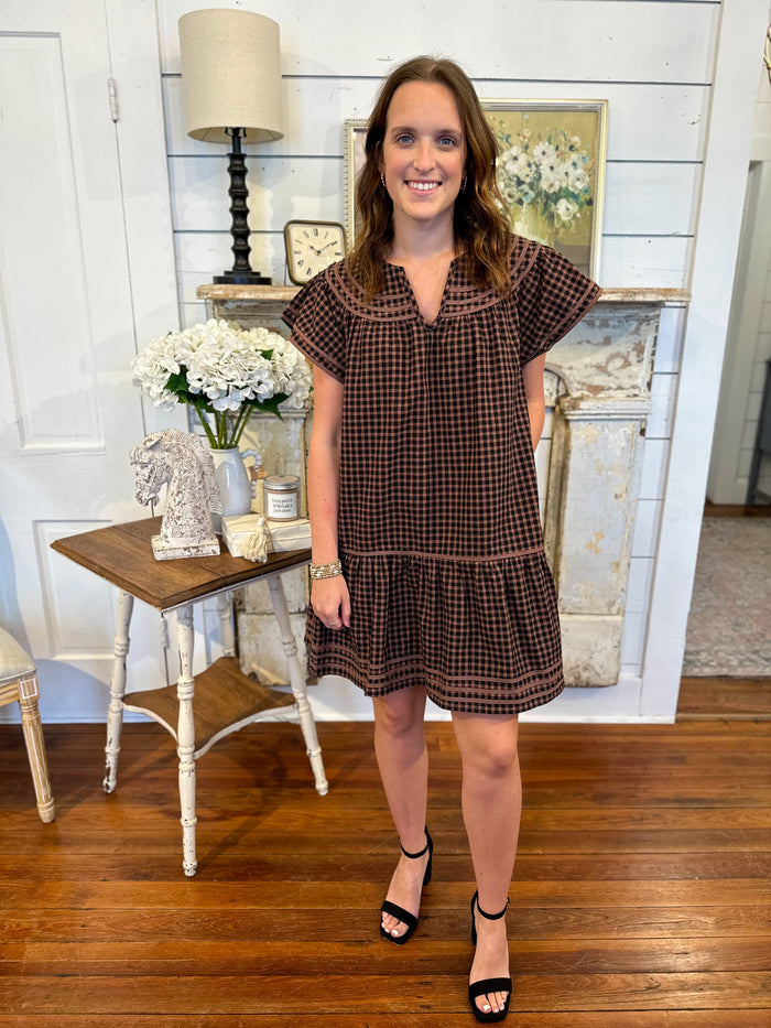 brown and black checkered dress with flutter sleeves
