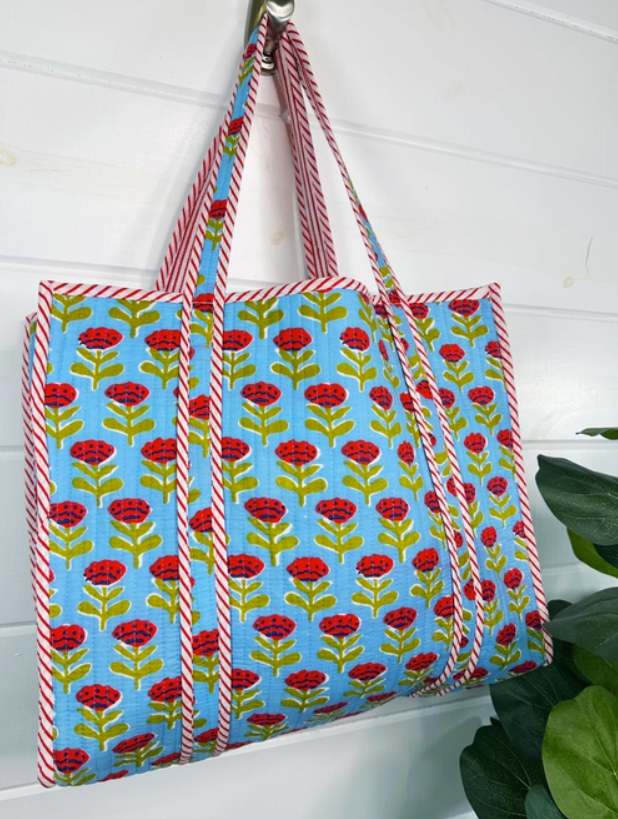 blue and red floral tote bag 100% cotton