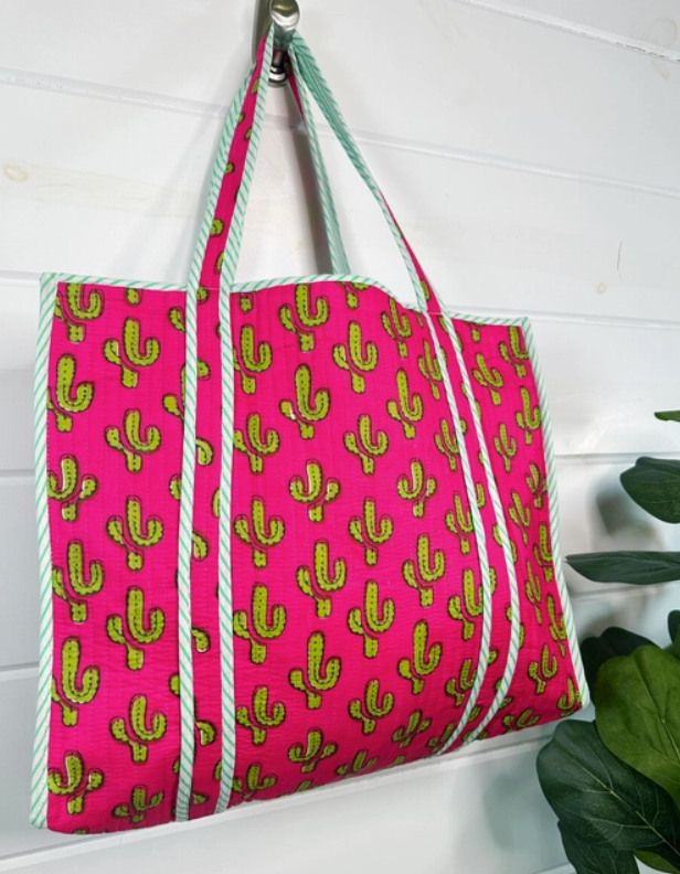 pink and green cactus tote bag