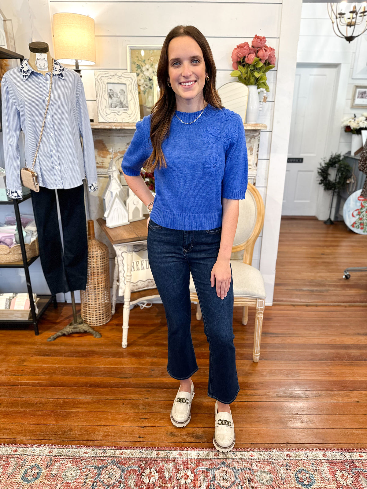 bright blue short sleeve sweater top