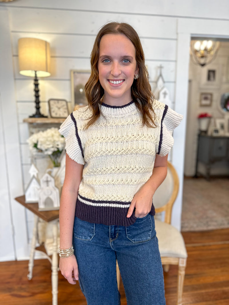 cream and navy flutter sleeve sweater top
