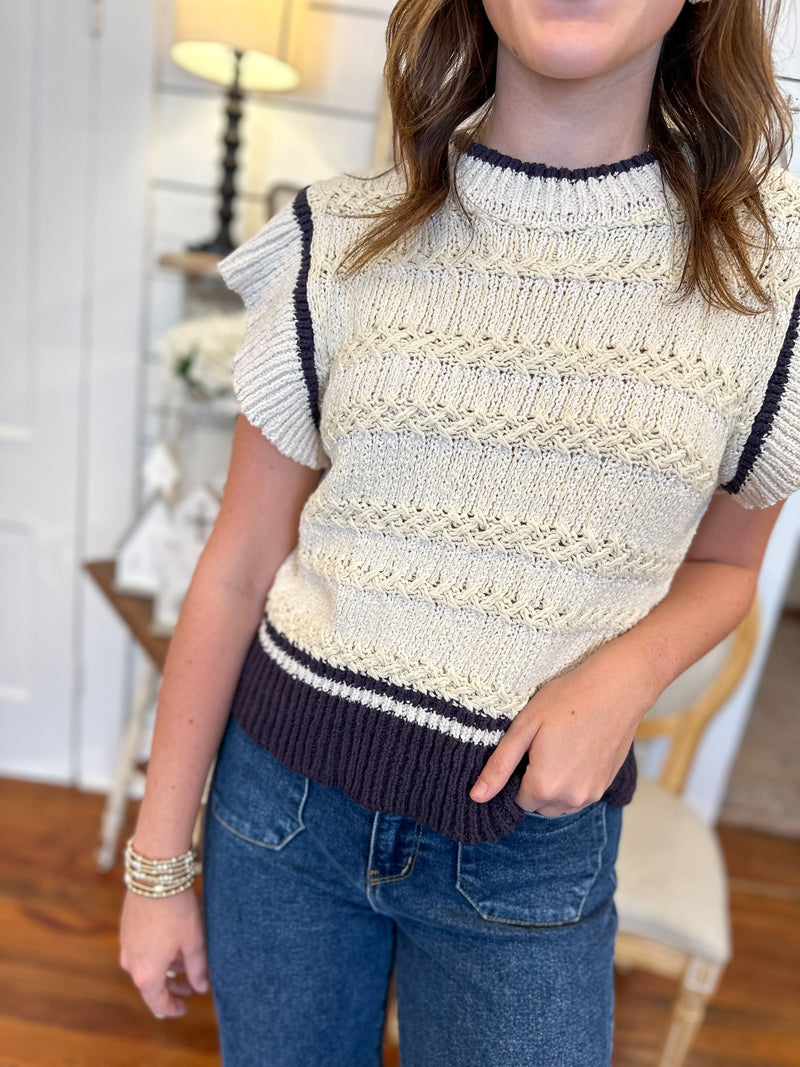 cream and navy flutter sleeve sweater top