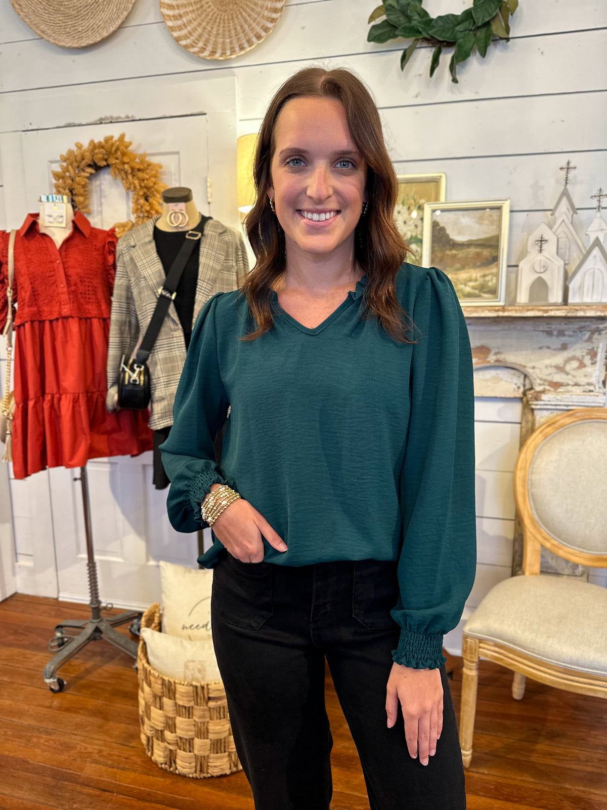 dark green basic blouse with ruffle details