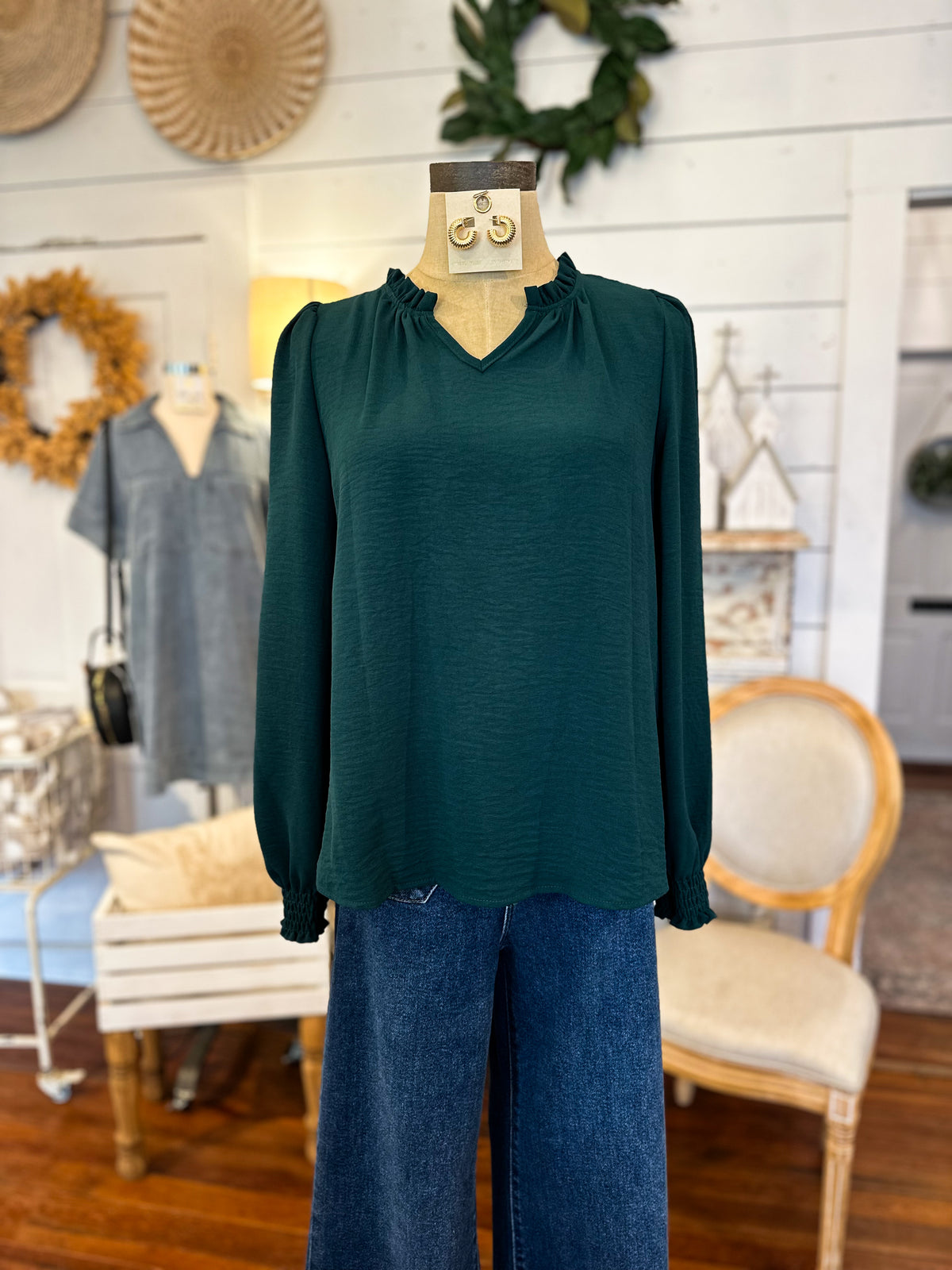 dark hunter green long sleeve top dressy casual