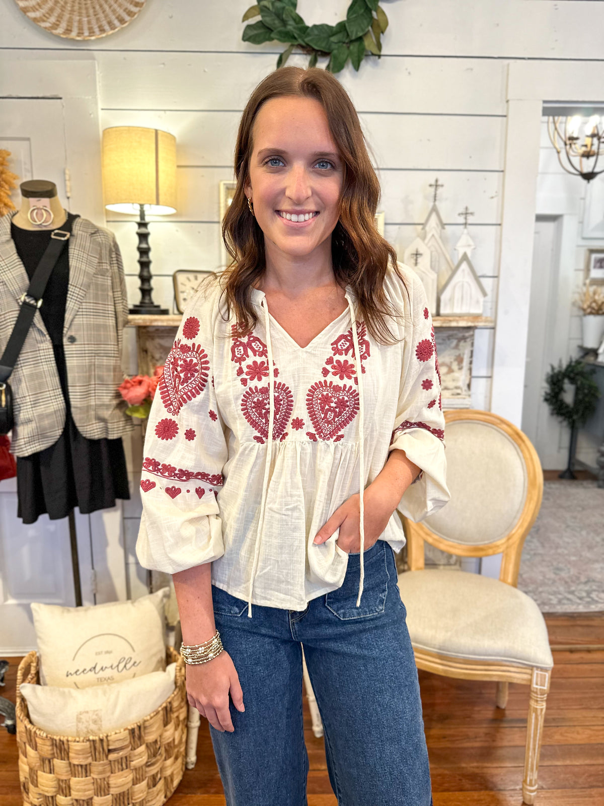 dear john natalia top cream and burgundy embroidery top 