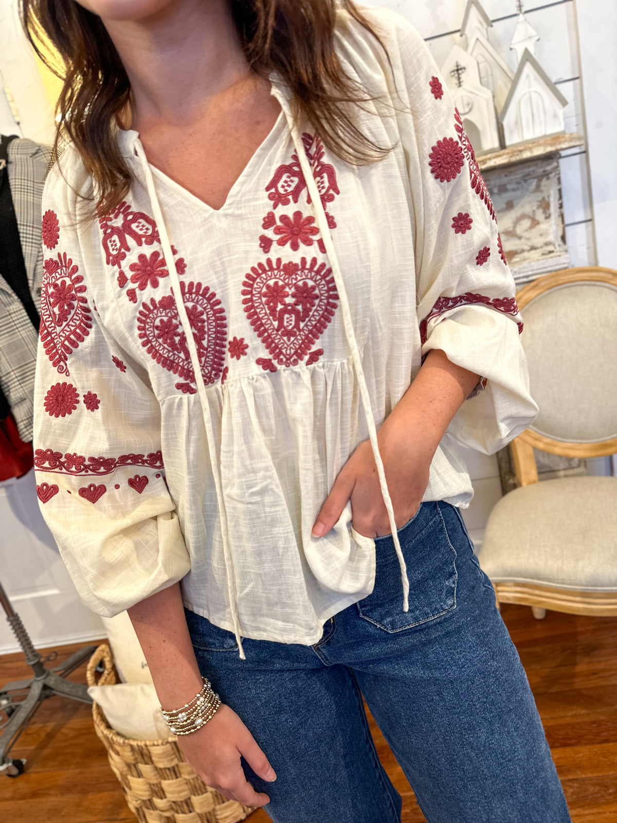 dear john natalia top cream and burgundy embroidery top 