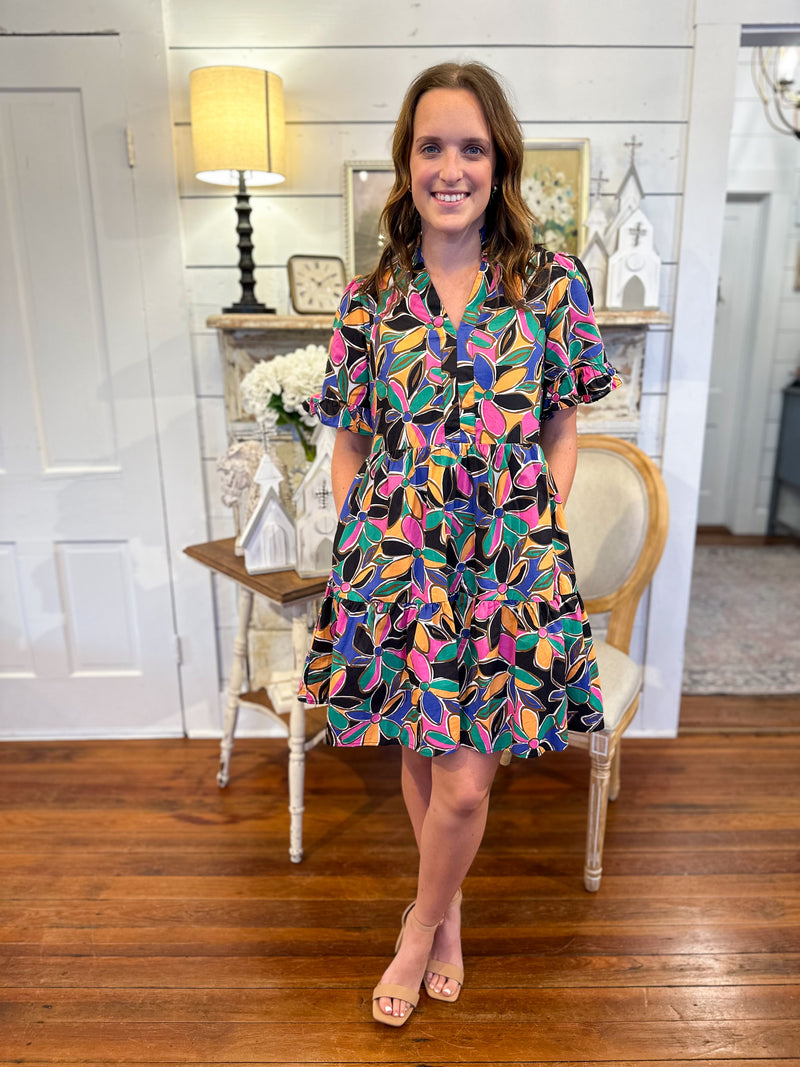 multi color fun floral print dress with pockets