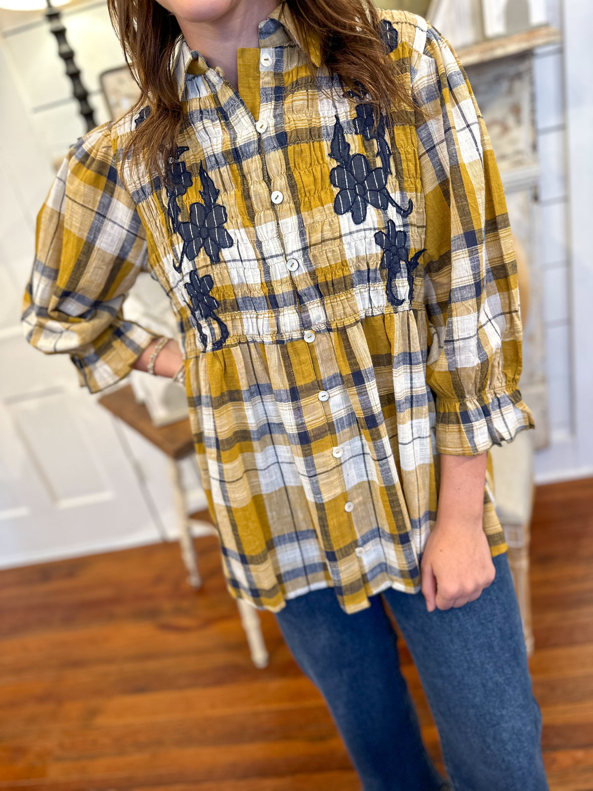 layerz clothing mustard yellow and navy plaid top