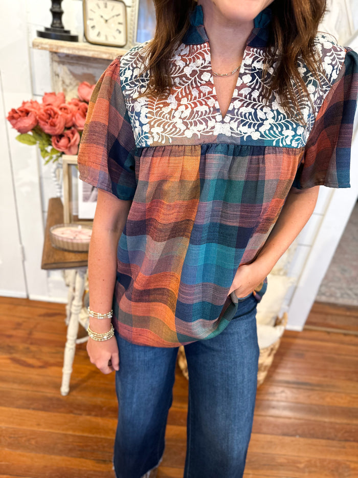 layerz clothing micah top multi color plaid embroidery