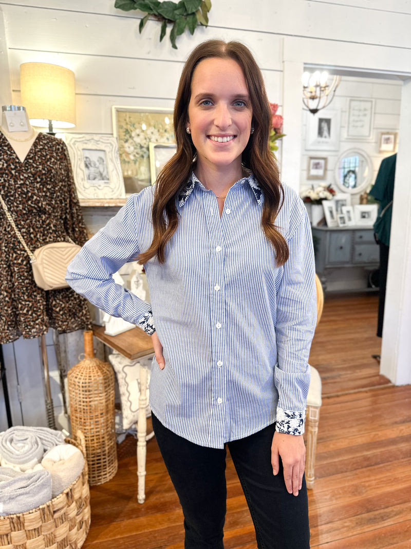 layerz clothing michael top blue and white stripe with corkys loafer shoes
