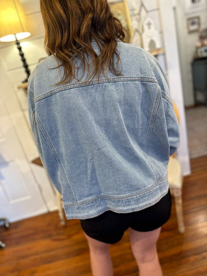 back of light wash entro denim jacket