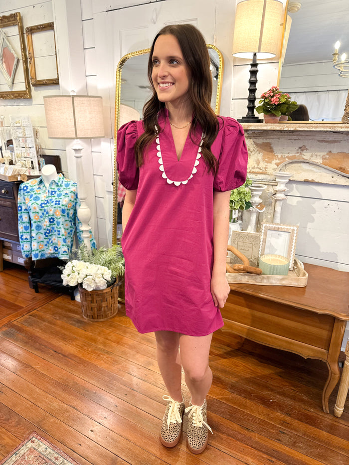 magenta pink cotton dress with pockets and puff sleeves