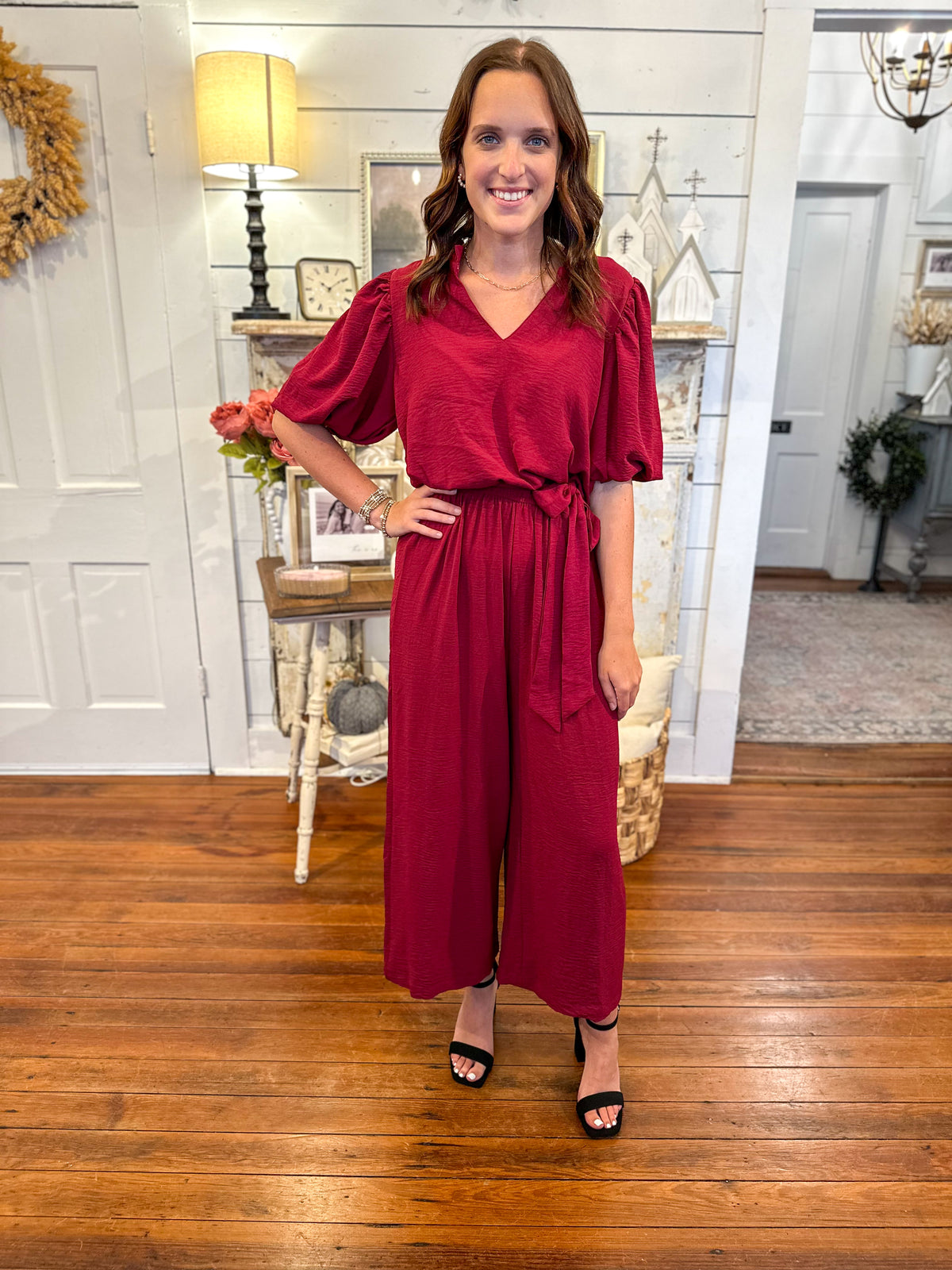 mud pie annalise jumpsuit in berry 