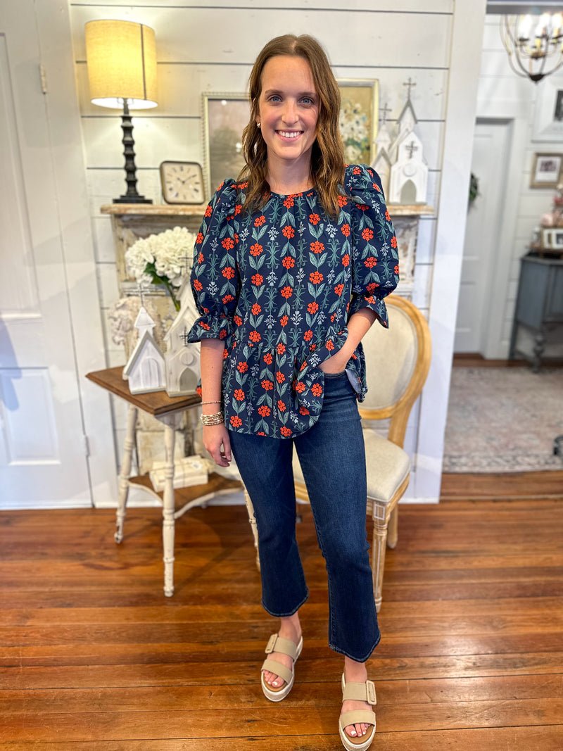 mud pie pierce top navy blue and red floral top