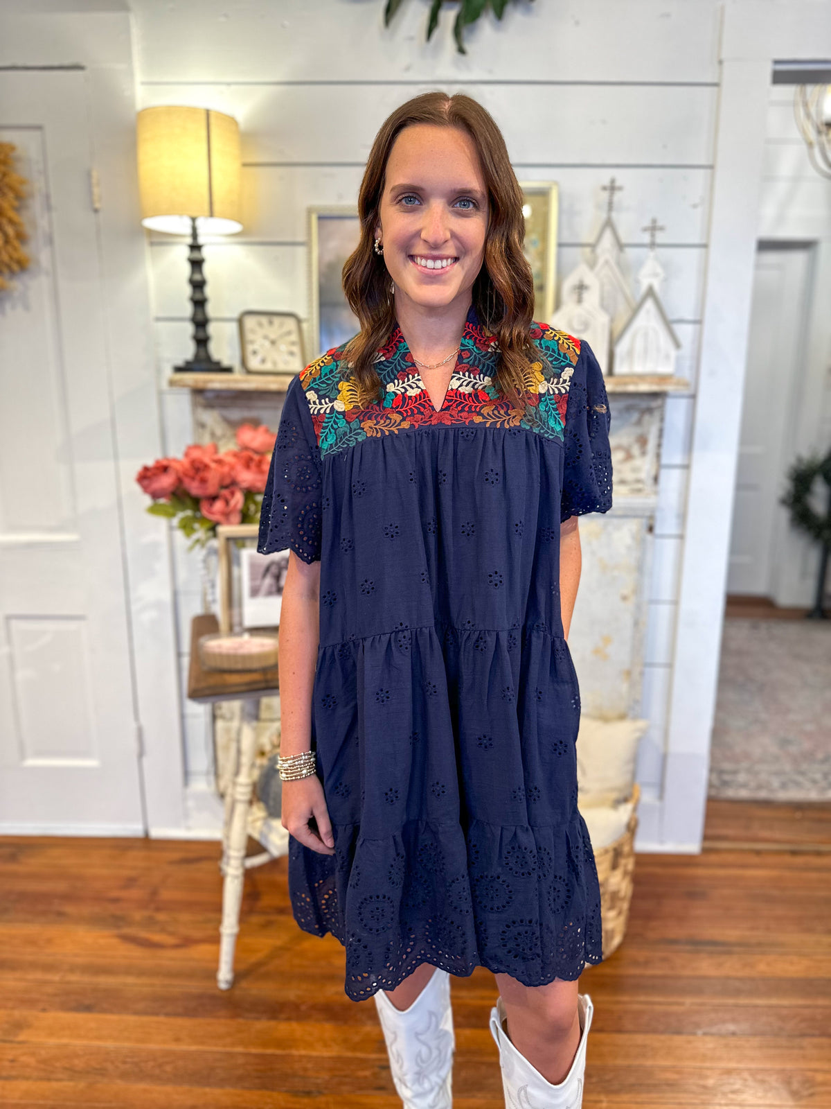 navy blue eyelet lace dress with colorful embroidery layerz
