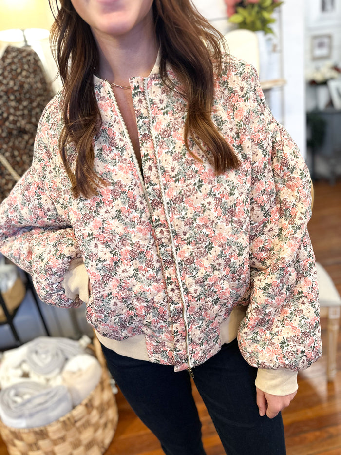 pink floral puff jacket with cream hem band