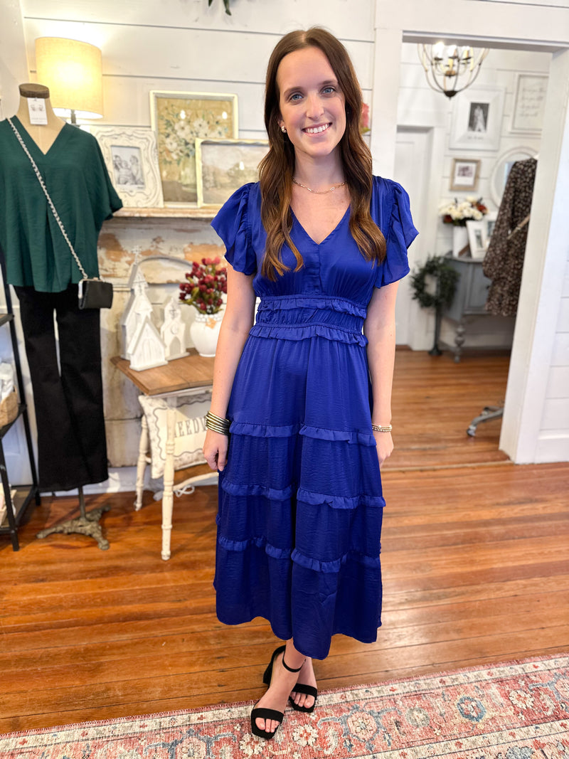 royal blue satin like midi dress
