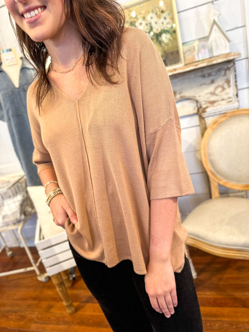 tan 3 quarter length sleeve sweater top